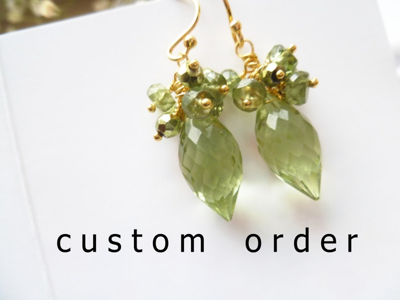 Green quartz earrings. Green apatite earrings. Green briolette earrings. Green cluster earrings. Gold vermeil 925 silver. Luxe earrings image 1