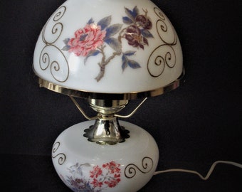 GWTW Vintage 3-Way Floral Table Lamp, Hurricane Lamp, Chimney Included 17 1/2" Tall, Purples, Pinks, Gold Scroll, Greens 1990's