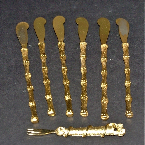 Vintage 6 Piece Set Gold Plated Bamboo Butter Knives, Hors D'oeuvre Knives, Appetizer Knives, Also includes 1 Bamboo Appetizer Fork
