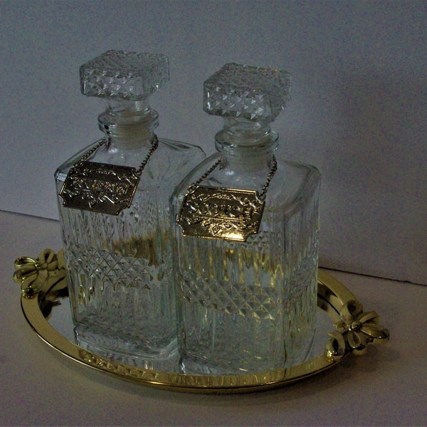 Vintage Pair of Glass Square Decanters with Silver Metal Markers of Scotch, Bourbon and Gold Filigree Mirror Tray with Handles