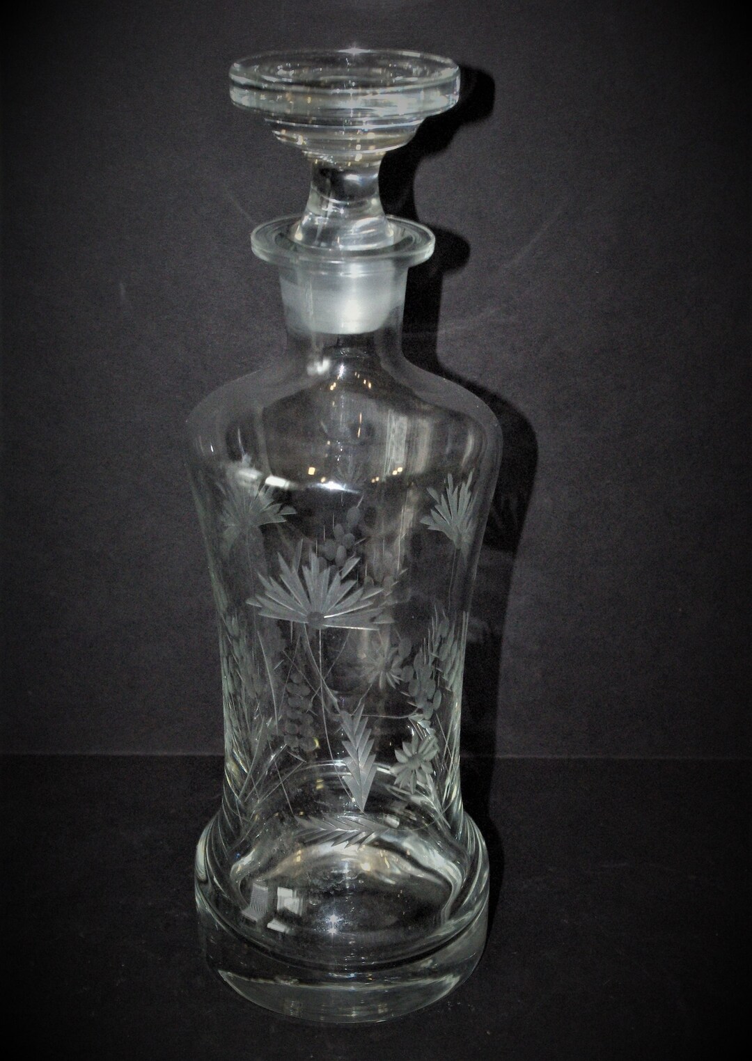 Vintage Decanter, Large Etched Glass Decanter 12 1/2 Tall W Heavy Glass