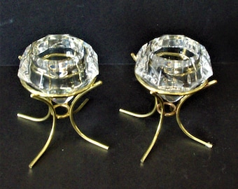 Vintage Heavy Glass Votive Candle Holder with Brass Stand, Glass Votive is Diamond Shaped and Gold Tone Base Stand has 4 legs