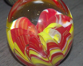 Vintage Small Round Shaped Paperweight with Red and Yellow (Flower Look), Not Marked