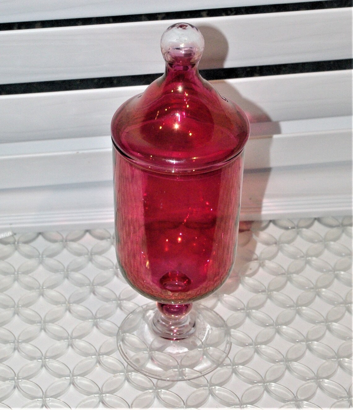 Vintage Stemmed Cranberry Glass Candy Dish With Lid Beautiful Etsy