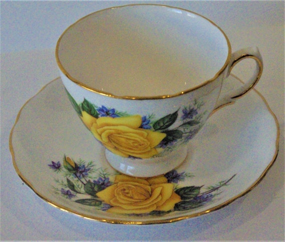 Vintage Royal Vale Bone China Pattern 7857 Tea Cup Saucer Yellow Rose With Blue Flowers Etsy
