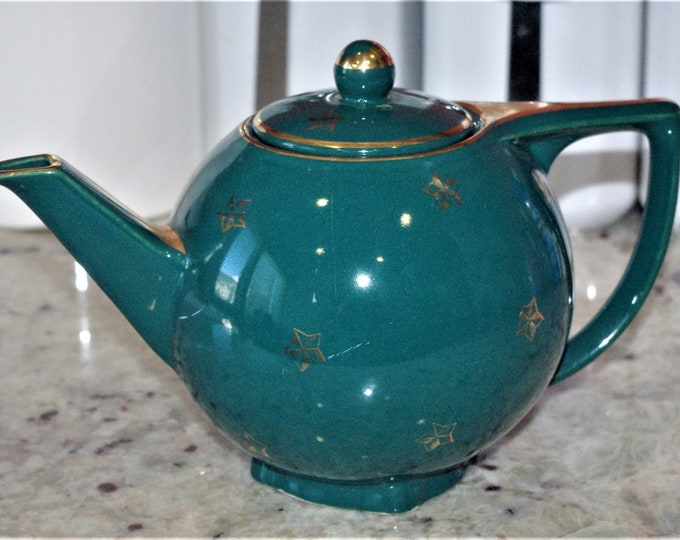 Antique Hall 0740 Teapot Bluish Green With Stars and Trim in Gold Gilt