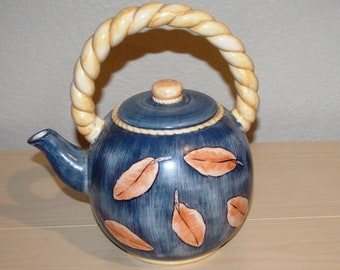 Vintage  Teapot, Bella Casa By Ganz 6 Cup Teapot,  Blue Shabby Chi with Leafs and Twisted  Ceramic Handle