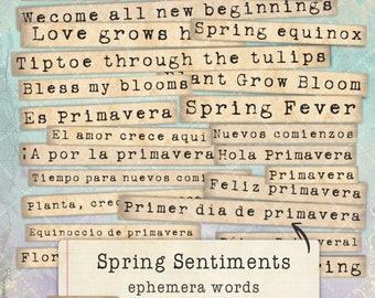 Spring Sentiments Junk Journals, Ephemera Printable Words, Junk Journal Material, Scrapbooking, Collage, Spanish and English