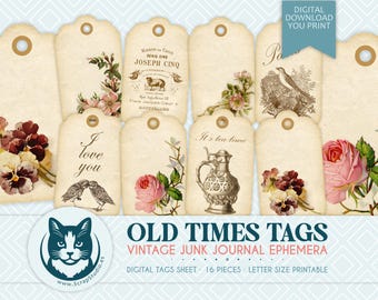 Old Times Tags Digital Ephemera, Antique Printable Labels, Junk Journal Tags, Old Book Pages, Vintage Collage Sheets PDF