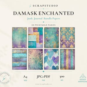 Puede incluir: Un conjunto de páginas para diario creativo titulado Damask Enchanted de ScrapStudio con 50 páginas imprimibles. La imagen muestra ocho hojas rectangulares con patrones en turquesa, morado y dorado, incluyendo damasco, corazones, estrellas y rayas en tamaño A4.