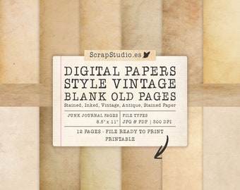 Vintage Style Digital Paper, Junk Journal, Blank Old Pages, 8,5 x 11, Stained, Tinted, Vintage, Antique, Printable Paper, Download