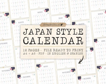 Japanese-Inspired Undated Calendar with 12 Pages | Printable PDF in A4 and A5, English and Spanish | Instant Digital Download