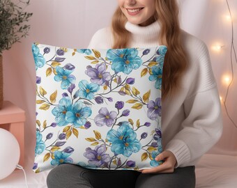 Cojín Flores de Primavera en Acuarela - Funda y Relleno de Poliéster Hilado, Estampado a Doble Cara , 14x14, Decoración única para el hogar