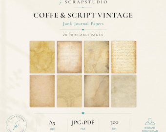 コーヒー＆スクリプト ヴィンテージの古い紙、ジャンクジャーナル アンティーク印刷可能、古い本のページ、ニュートラル、染色、紅茶、染み、ヴィンテージ、デジタルダウンロード