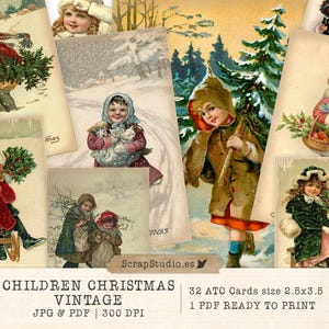 Christmas Ephemera Cards for Junk Journal, Vintage ATC Cards with Children, Printable Collage Sheets, Digital Download Kit