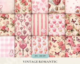 Könnte beinhalten: Eine Sammlung digitaler Papiere mit rosa und cremefarbenen Mustern, darunter Rosen, Herzen, Heißluftballons, Cupcakes, Schmetterlinge, Streifen und Schlüssel. Der Text lautet VINTAGE ROMANTIC Junk Journal Papers, JPG 300 DPI und SCRAPSTUDIO.