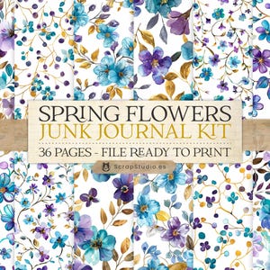 Watercolor Spring Flowers Set 3, Seamless Floral Patterns in Turquoise Violet Gold, Digital Ephemera for Scrapbooking & Journals