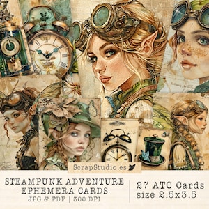 Steampunk Aventure Ephemera Cards, ATC Cards, Junk Journal, Epic Elf Women, Journaling, Collage Sheets, Printable Page, Digital Download