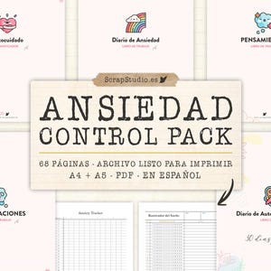 Puede incluir: Un paquete digital de control de ansiedad con una tarjeta central que muestra el texto ANSIEDAD CONTROL PACK, 68 PÁGINAS, A4 + A5 y PDF. Alrededor del título hay varios iconos y páginas de cuaderno, incluyendo un rastreador de ansiedad y sueño.