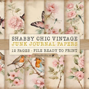 Shabby Chic Pink Flower Digital Paper Pack – Floral Junk Journal Ephemera, Digital Download