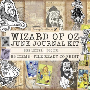 Vintage Mago de OZ Junk Journal Kit, Collage Sheets, Vintage Ephemera, Sellos, Papeles Scrapbooking, JPG imprimibles