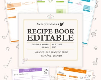 Recipe Book | Editable Recipe Templates | Printable A5 PDF | SPANISH | Instant Digital Download