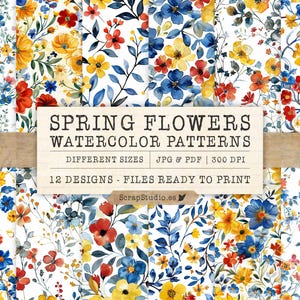Watercolor Spring Flowers Set 2, Seamless Floral Patterns for Scrapbooking, Blue Yellow Red Digital Ephemera Download