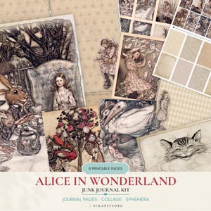 Op de afbeelding: Een verzameling van acht printbare pagina's met Alice in Wonderland-illustraties, inclusief scènes met Alice, de Cheshire Cat, een konijn en speelkaarten. De set bevat dagboekpagina's, collage-elementen en ephemera met vintage-stijl graphics.
