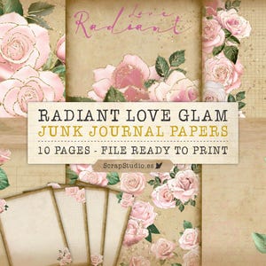 Radiant Love Printable Paper, Blush and Gold Glam Roses, Junk Journal, Digital Pages, Junk Journaling, Printable Writing Journal, Printable