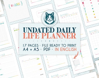 Undated Planner PDF in English A4 A5 | Daily Weekly Monthly Yearly Pages | Printable Digital Download Organizer