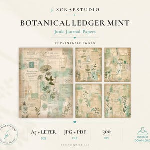 Botanical Ledger Mint Printable Journal Paper, Vintage Junk Journal, Paper Pack, Ledger Pages, Digital Download