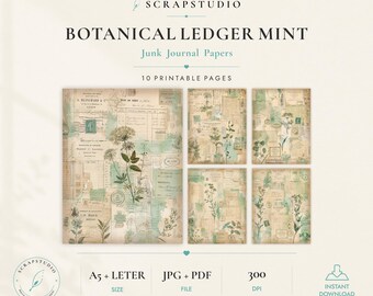 ボタニカル レジャー ミント 印刷可能ジャーナル用紙、ヴィンテージ ジャンク ジャーナル、用紙パック、レジャー ページ、デジタル ダウンロード