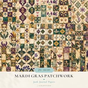 Puede incluir: Un collage digital de papeles de patchwork con temática de Mardi Gras que presenta máscaras ornamentadas, símbolos de flor de lis y motivos florales en tonos morado, dorado y verde. El diseño incluye patrones de azulejos desgastados y el texto MARDI GRAS PATCHWORK.