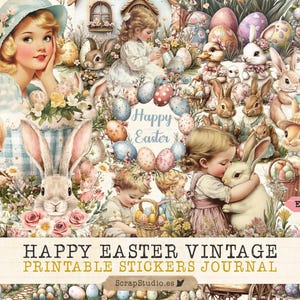 Happy Easter Vintage Stickers Journal, Printable Fussy Cuts, Easter Junk Journal, Ephemera Journal, Collage Sheets, Digital Download