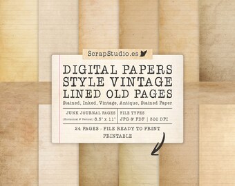 Vintage Style Digital Paper, Junk Journal, Lined Old Pages, 8,5 x 11, Stained, Tinted, Vintage, Antique, Printable Paper