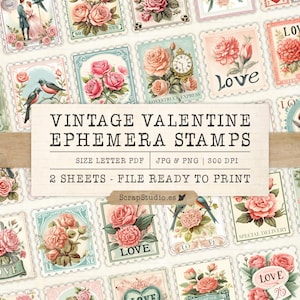 Vintage Valentine Ephemera Stamps Collection, Journal Stamps, Valentine Junk Journal, Printable Collage Sheets, Digital Download