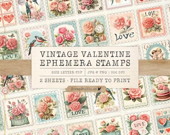 Valentine Ephemera Stamps, Vintage Love Collage Sheets, Junk Journal Printable, Digital Stickers, Scrapbooking Download