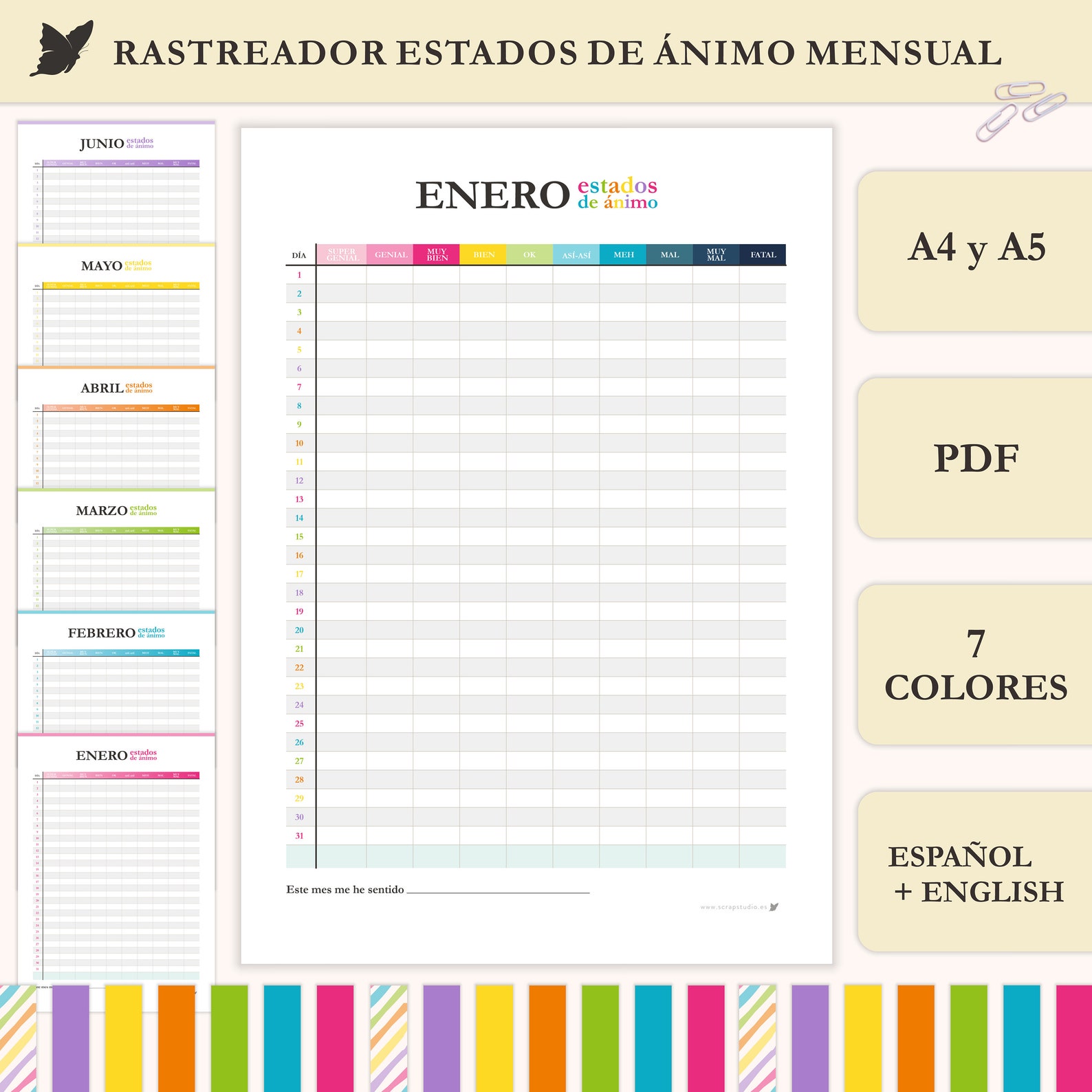 Monthly Mood Tracker A5 & A4 Sizes Printable PDF English / Spanish ...