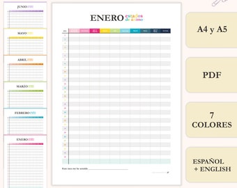 Monthly Mood Tracker | A5 & A4 Sizes | Printable PDF English / Spanish | Instant Digital Download