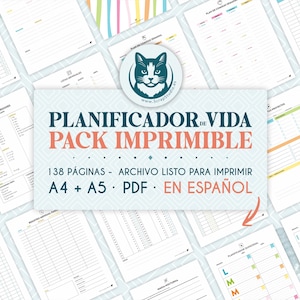 Puede incluir: Un conjunto de páginas de planificador imprimibles en español. El gráfico central dice "PLANIFICADOR DE VIDA PACK IMPRIMIBLE" con detalles sobre el archivo PDF de 138 páginas, disponible en tamaños A4 y A5. Se ven varias páginas, con gráficos y listas.