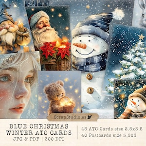 Blue Christmas Winter Ephemera Cards – ATC Journal Cards, Printable Christmas Junk Journal Kit, Scrapbooking Collage Sheets