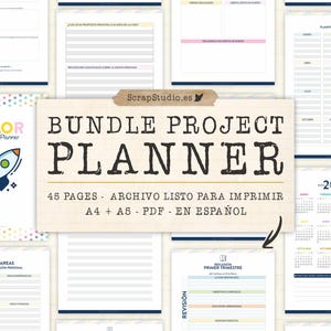 Puede incluir: Un paquete de planificadores de proyectos imprimibles en color en español. La portada presenta un cohete y el texto "Ultimate Color Projects Planner". El paquete incluye 45 páginas y está disponible en tamaños A4 y A5.