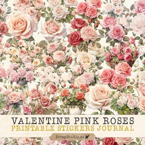 Puede incluir: Pegatinas imprimibles con una variedad de rosas rosas en diferentes tonos y arreglos. Las pegatinas son perfectas para agregar un toque de romance a diarios, planificadores y otros proyectos de manualidades. El texto "VALENTINE PINK ROSES PRINTABLE STICKERS JOURNAL" se muestra en la parte inferior de la imagen.