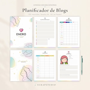 May include: A digital blog planner set featuring six pages with pastel leaf illustrations, a pink heart icon, and text including Planificador de Blogs, Enero, and Perfil Lector Ideal. The layout includes weekly planning, social media statistics, and reader profile templates.