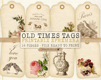 Old Times Tags Digital Ephemera, Antique Printable Labels, Junk Journal Tags, Old Book Pages, Vintage Collage Sheets PDF