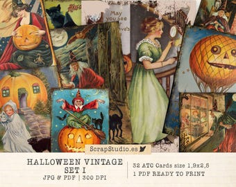 Spooky vintage Halloween printable Pack | Scrapbook supplies, ephemera tags, ATC Cards, Digital Download