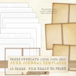 Druckbare Junk-Journal-Vorlagen-Overlays – Linierte, Raster- und Punktseiten 11x8,5 PDF PNG – Junk-Journal-Papierhintergründe