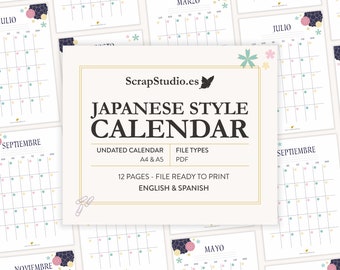 Japanese-style 'undated' calendar 12 pages | A4 and A5 Printable in Spanish and English | Instant Digital Download