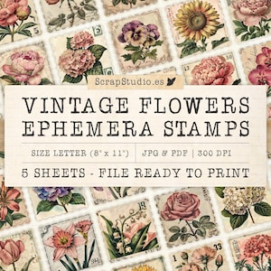 Vintage Flower Ephemera Stamps for Junk Journal, Scrapbooking, Collage Art, Printable Floral Stickers, Digital Clipart Pages