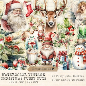 Vintage Christmas Ephemera Kit – Watercolor Fussy Cuts for Junk Journal, Printable Collage Sheets, Scrapbooking, Santa & Angels